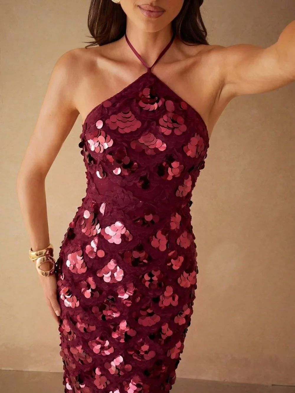 Burgundy Party Women's Sequin Design Halter Dress